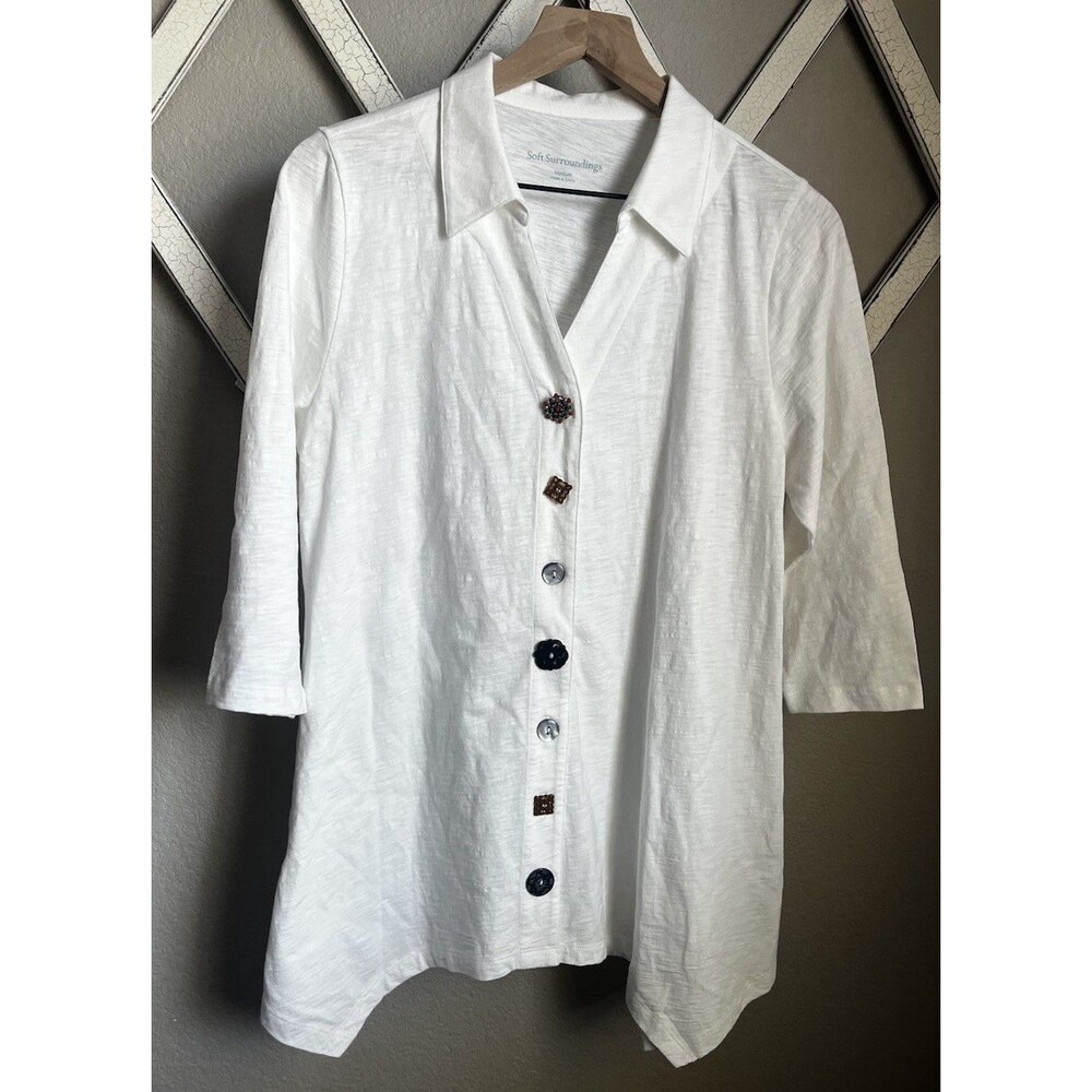 Soft Surroundings Women’s M Danielle Button Down 3/4 Sleeve Tunic - White